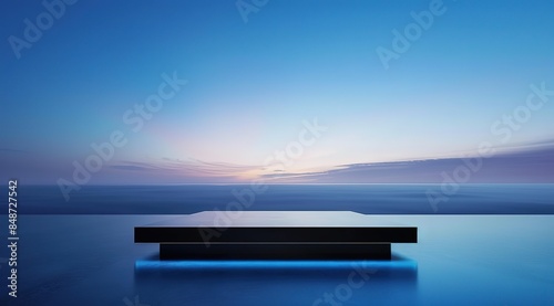 Minimalist Square Podium in Serene Pale Blue Room with Soft Illumination, Contemporary Design Concept © rui