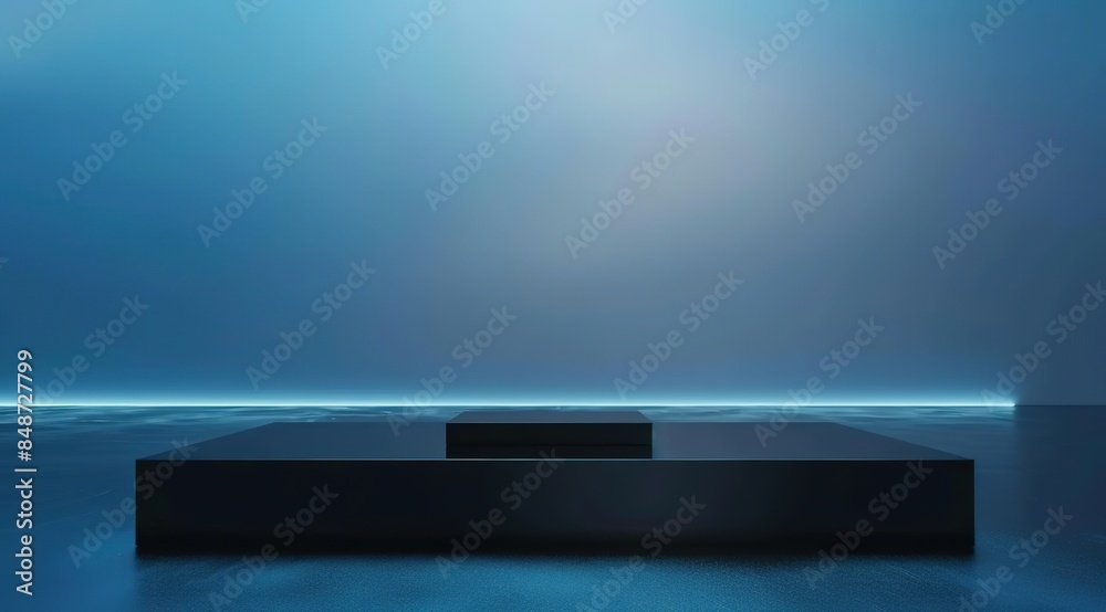 Minimalist Square Podium in Serene Pale Blue Room with Soft Illumination, Contemporary Design Concept Minimalist Square Podium in Serene Pale Blue Room with Soft Illumination, Contemporary Design Concept