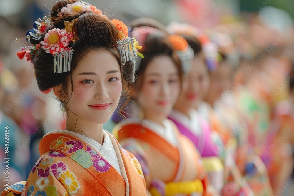 A colorful Kimono festival with people parading in traditional attire A colorful Kimono festival with people parading in traditional attire