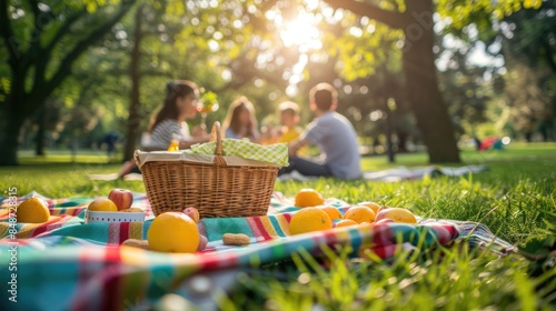 Happy Family Picnic in Park with Colorful Blanket and Basket - Quality Time Outdoors Together
