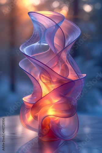 Contemporary Artistic Glass Sculpture in Vibrant Pink and Purple Hues with Soft Warm Lighting in Serene Nature Setting at SunsetAbstract photo