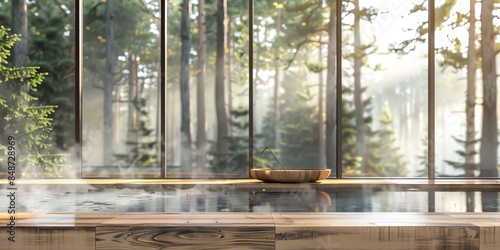 mockup photo of room window facing the forest, villa atmosphere, cottage, elegant natural atmosphere, for spa and beauty products © rajagambar99
