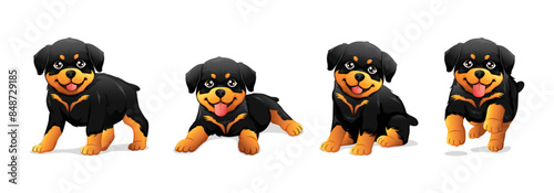 Cute rottweiler puppy cartoon set. Dog character in different poses vector illustration.
