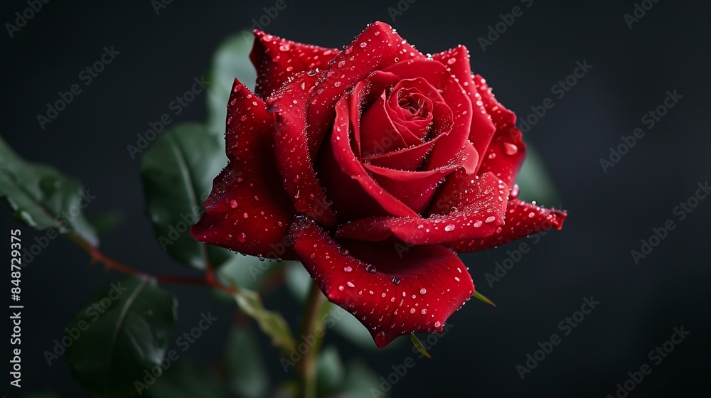 A red rose with droplets of water, isolated against a dark background, capturing its fresh and natural look A red rose with droplets of water, isolated against a dark background, capturing its fresh and natural look