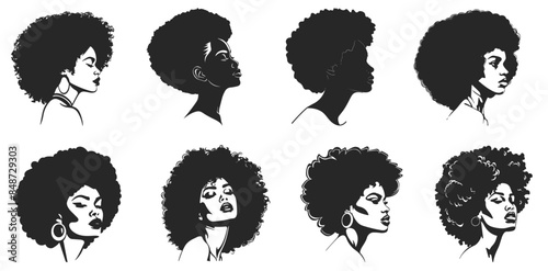 Set of vector icons silhouette of black woman head with Featuring Various afro hairstyle beauty fashion and cosmetic