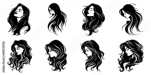 Set of vector icons silhouette of woman head with Featuring Various long hair hairstyle beauty salon fashion and cosmetic