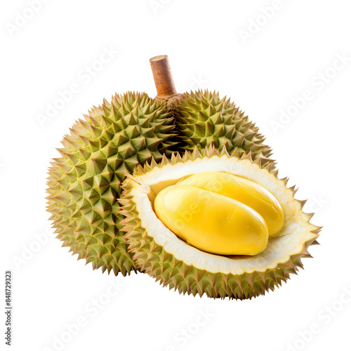 Close up of a fresh, ripe durian fruit with its spiky outer shell and yellow flesh, isolated on white background. photo