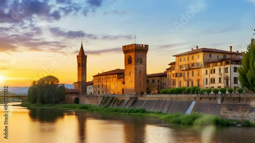 Chiesa di San Frediano in Cestello, Ponte Alla Carraia at sunset. Seamless 4K looping virtual video animation background. photo