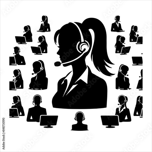 Call center woman silhouette vector with a headset microphone, IT support, customer service, customer support, call center