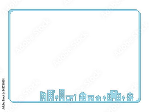 シンプルな家やビルが立ち並ぶ街並みの手描きベクターイラストフレーム 　水色の塗りつぶしver