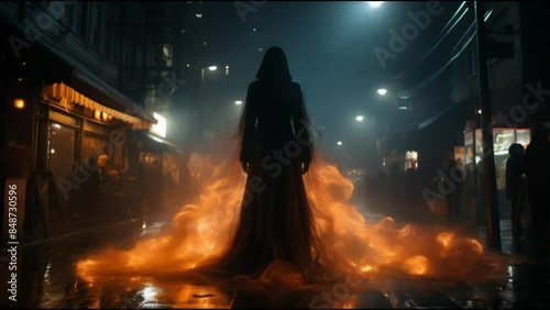 Silhouette of a Woman Surrounded by Flames Wearing a Dress and Veil Standing in a City Street at Night
