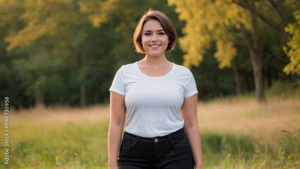 Plus size young woman with short hair wearing white t-shirt and black jeans standing in nature Plus size young woman with short hair wearing white t-shirt and black jeans standing in nature