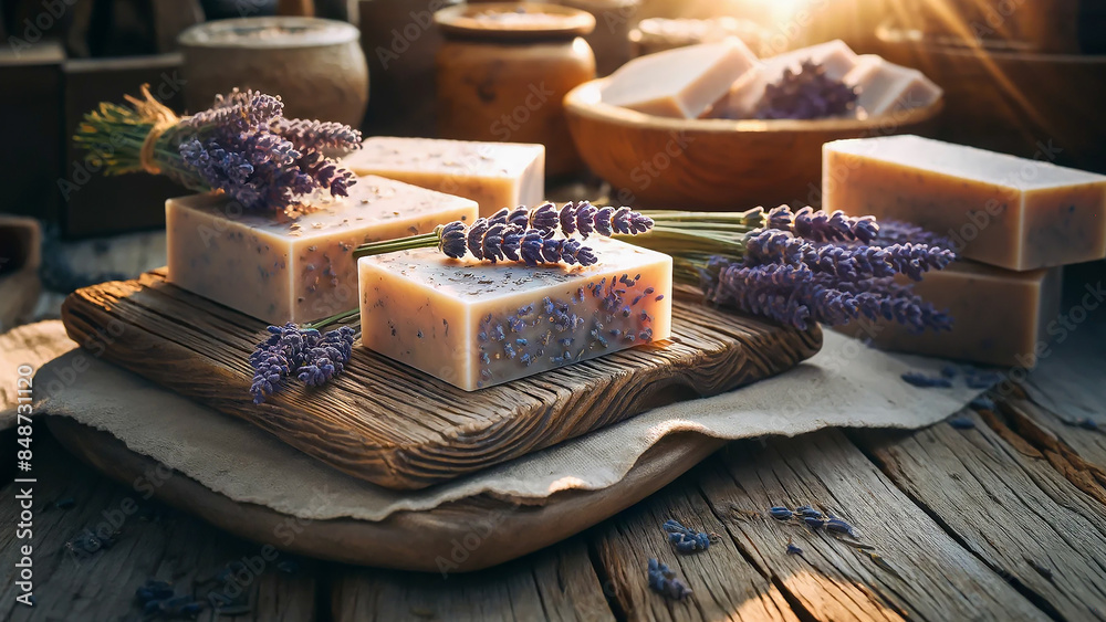 Handcrafted lavender soap displayed on a rustic wooden table, bathed in early morning market light.