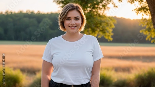 Plus size young woman with short hair wearing white t-shirt and black jeans standing in nature
