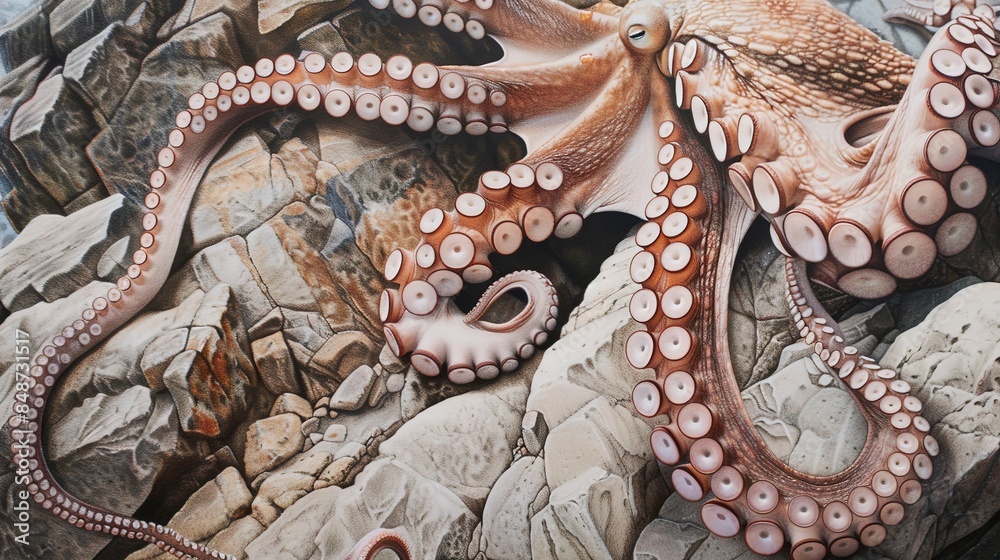 Fototapeta premium Detailed shot of an octopus' tentacles as it maneuvers over a rocky landscape, exploring its territory. --