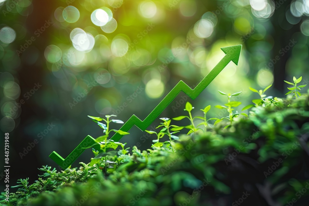 Obraz premium A green arrow pointing upwards symbolizes the growing trend of sustainable investment, reflecting a shift towards environmentally responsible finances and ecological practices. Generative AI