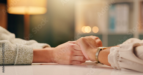 Quadro su tela Empathy, holding hands and women in house with help for depression, anxiety or divorce stress, chat or comfort