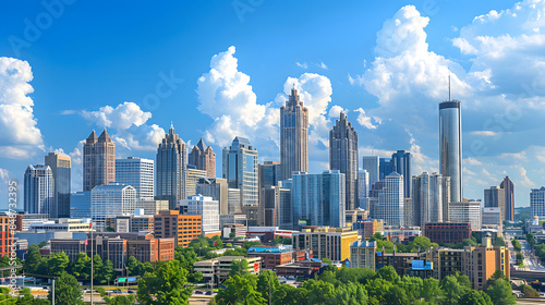 Downtown Atlanta Skyline showing several prominent buildings and hotels under a blue sky