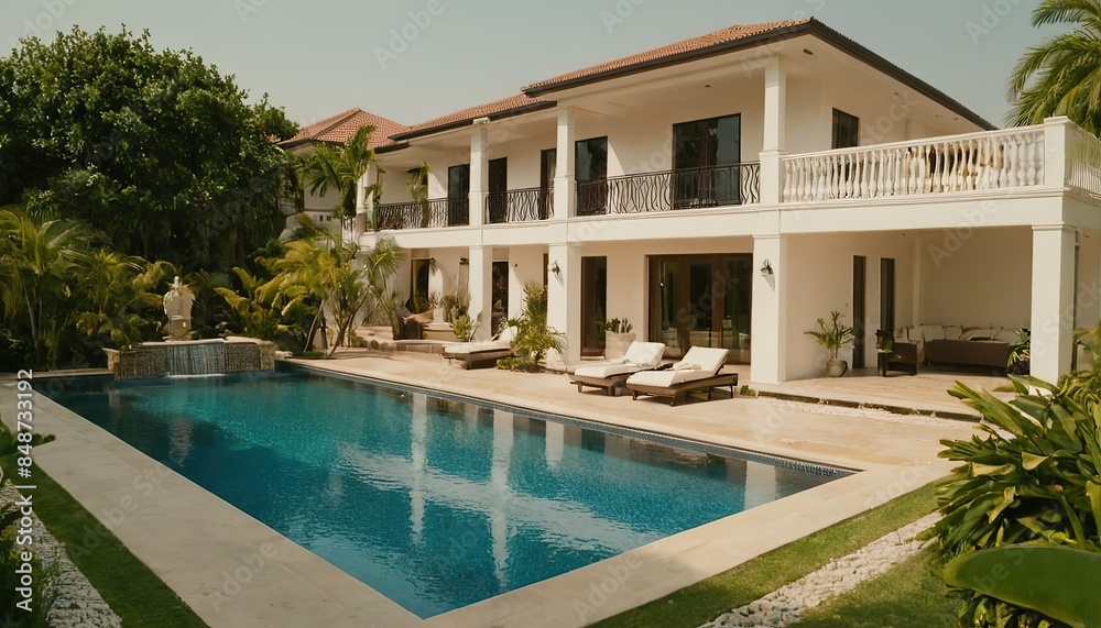 Fototapeta premium Luxury house with swimming pool at night Luxury house with swimming pool at night