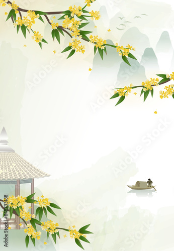 Chinese style background with osmanthus branches, distant mountains, awning boat and pavilion