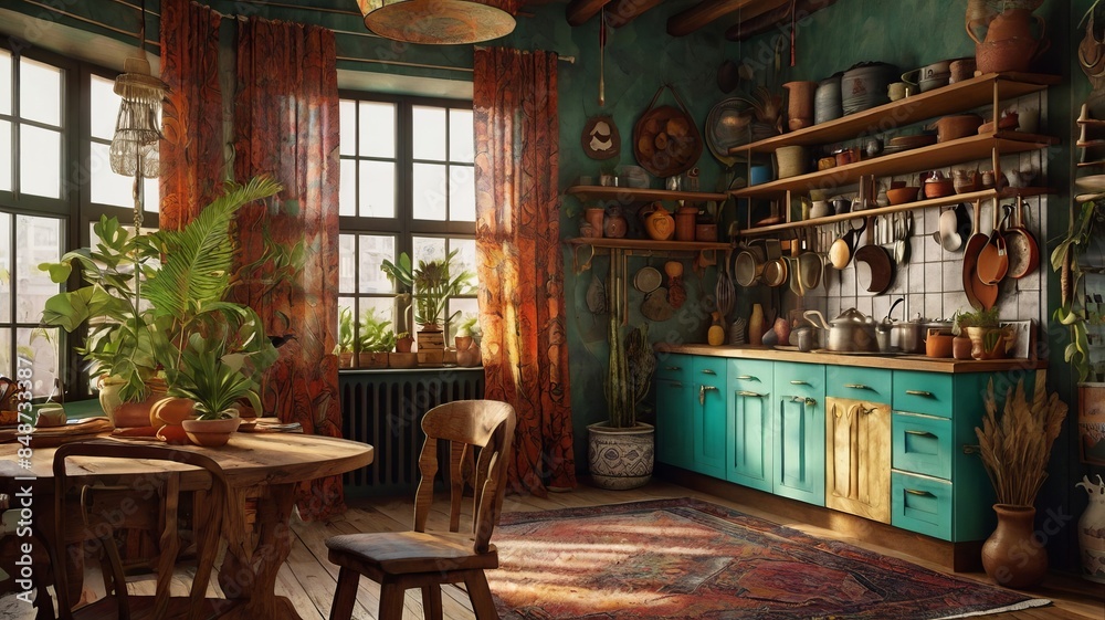 Fototapeta premium bohemian kitchen with vibrant turquoise cabinets, a wooden table, and various potted plants. the kitchen features colorful patterned curtains, farmhouse sink, assortment of kitchenware and decor items