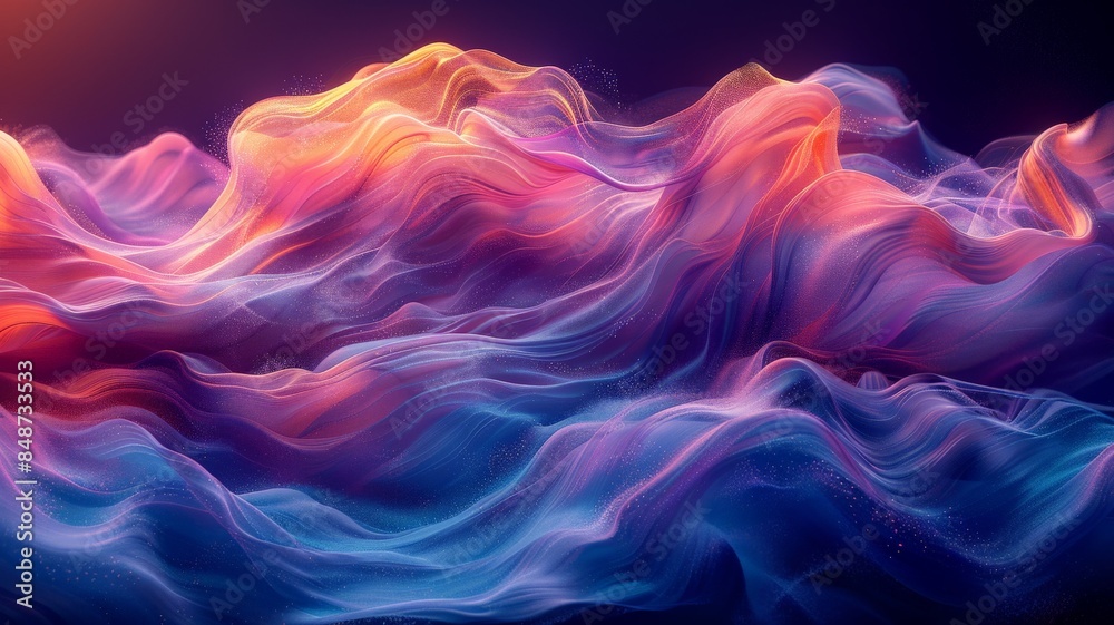 Abstract digital landscape with vibrant multicolor waves and fluid shapes in neon pink, orange, and blue hues depicting a surreal flowing sceneAbstract Abstract digital landscape with vibrant multicolor waves and fluid shapes in neon pink, orange, and blue hues depicting a surreal flowing sceneAbstract