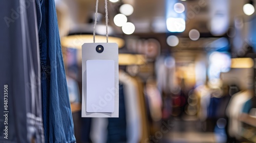 Empty price tag hanging from a garment in a stylish clothing store, with modern displays and lighting, offering significant space for text or pricing