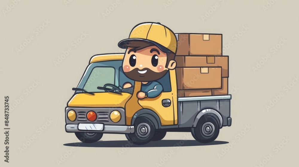 Cute and Cheerful Chibi Delivery Man Driving a Colorful Cartoon Delivery Truck Loaded with Stacked Cargo Packages for Fast and Efficient Transport and Logistics Services Cute and Cheerful Chibi Delivery Man Driving a Colorful Cartoon Delivery Truck Loaded with Stacked Cargo Packages for Fast and Efficient Transport and Logistics Services
