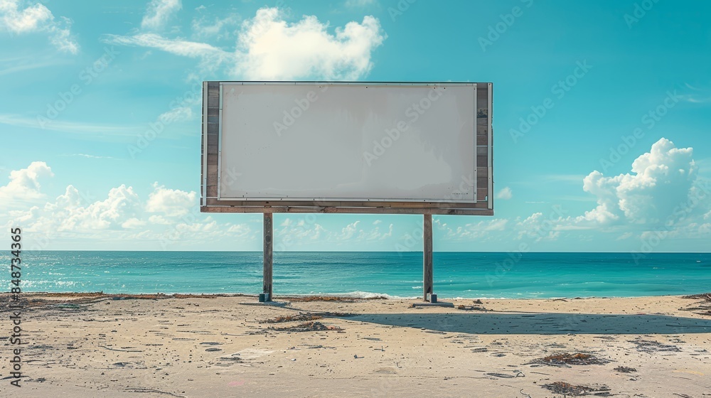 Empty signboard on a beach, with the ocean and sky in the background, providing significant space for text or beach information Empty signboard on a beach, with the ocean and sky in the background, providing significant space for text or beach information