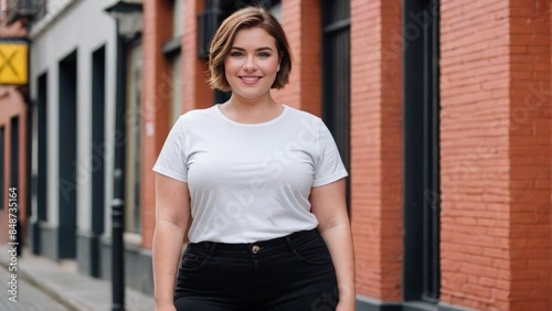 Plus size young woman with short hair wearing white t-shirt and black jeans standing on the street Free Download Plus size young woman with short hair wearing white t-shirt and black jeans standing on the street - GFXLoad