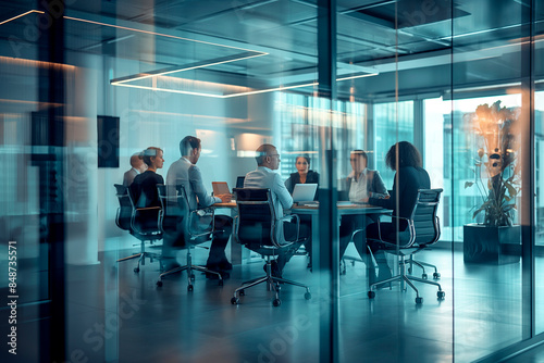 group of business people discussing financial results working together in modern meeting room with glass partitions, background blurred employees