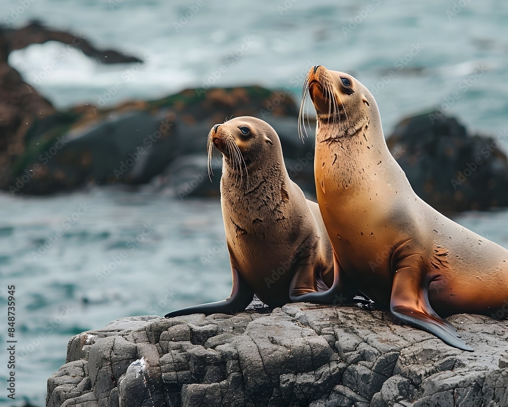 Fototapeta premium Playful Sea Lions Basking on Rocky Coastal Shore