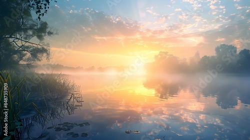  A serene lake at sunrise with mist rising from the water © Hassan