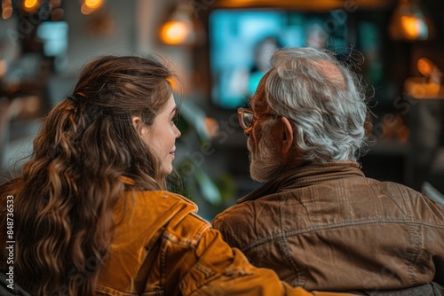 An older Caucasian man with white hair and a young Caucasian woman with brown hair sitting together, looking at each other, in a cozy indoor setting.