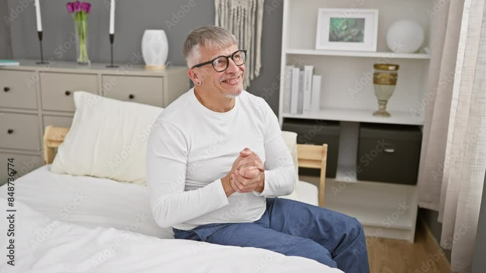 Cheerful grey-haired man in pyjamas enjoys relaxed success in bedroom, hands crossed in casual joy. Cheerful grey-haired man in pyjamas enjoys relaxed success in bedroom, hands crossed in casual joy.