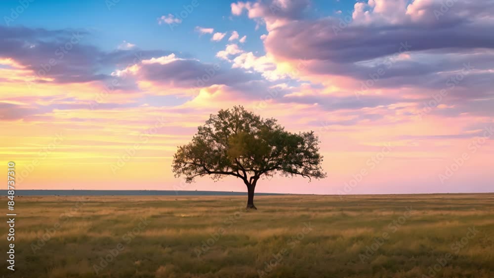 A solitary tree stands in a vast field, bathed in the warm glow of sunset A solitary tree stands in a vast field, bathed in the warm glow of sunset