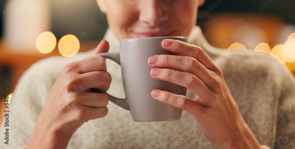 Drinking, hands and woman with cup of coffee for relaxing, calm and peace in morning on weekend. Zen, caffeine and female person enjoying warm beverage of latte or cappuccino with bokeh at home. Drinking, hands and woman with cup of coffee for relaxing, calm and peace in morning on weekend. Zen, caffeine and female person enjoying warm beverage of latte or cappuccino with bokeh at home.