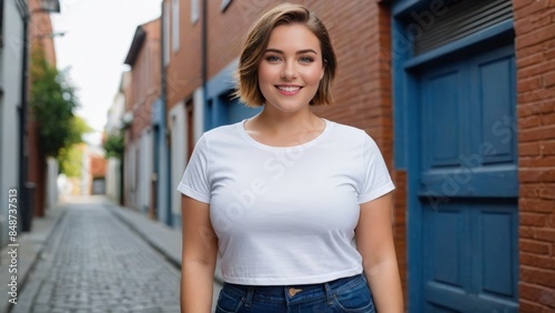 Plus size young woman with short hair wearing white t-shirt and blue jeans standing in a city alley