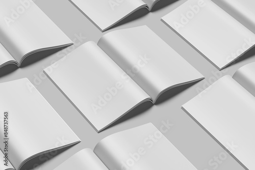 Blank perspective A4 magazine mockup high-angle view with grey background