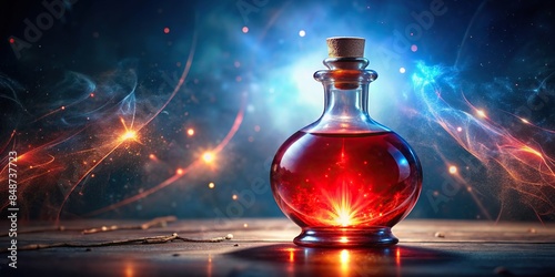 Mesmerizing digital of fantasy red potion in ornate glass bottle, radiating otherworldly glow and mystical aura photo