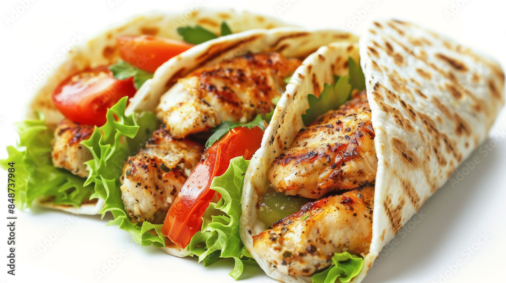 Three delicious chicken wraps with tomatoes and lettuce are waiting to be eaten Three delicious chicken wraps with tomatoes and lettuce are waiting to be eaten