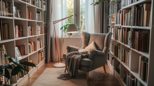 a serene and minimalist reading corner with a cozy ambiance, featuring a comfortable armchair © Goeth