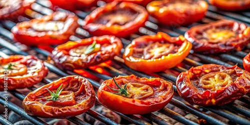Sizzling sun-dried tomatoes grilling on a barbecue showcasing the food preservation process , sizzling, sun-dried
