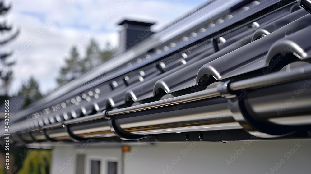 House with a tiled roof with a system of plastic gutters. Plastic gutter on the roof of a building House with a tiled roof with a system of plastic gutters. Plastic gutter on the roof of a building