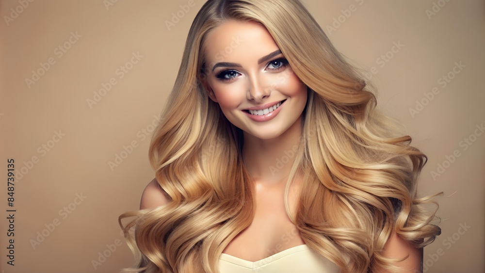 Naklejka premium Smiling Woman with Lush Hair on Pastel Flat Background - Hair Salon Promotion