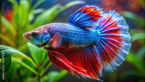 Close-up shot of a vibrant betta fish swimming gracefully in a tank, betta fish, swimming, movement, underwater, pet, animal