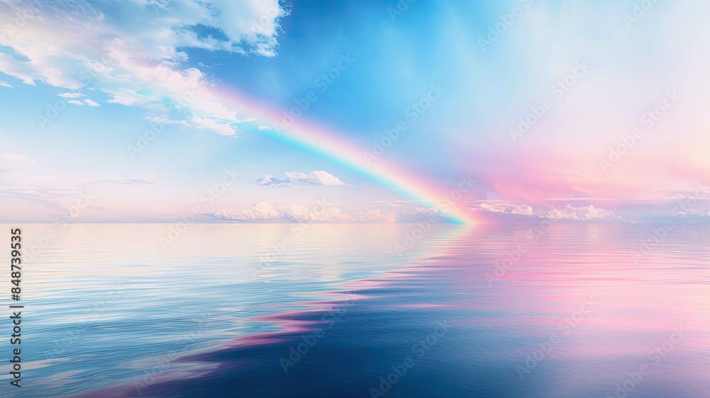 Rainbow and seascape with cloudscape stretching across an ocean, with the sky illuminated in a spectrum Rainbow and seascape with cloudscape stretching across an ocean, with the sky illuminated in a spectrum