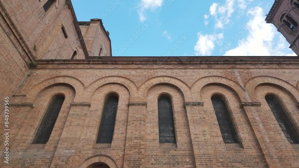 Upward Panning View Of Historical Brick Arches Of Medellin Metropolitan Cathedral, Colombia Upward Panning View Of Historical Brick Arches Of Medellin Metropolitan Cathedral, Colombia
