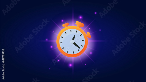 Clock game icon banner vector cartoon illustration. item time game screen with sparkling background.