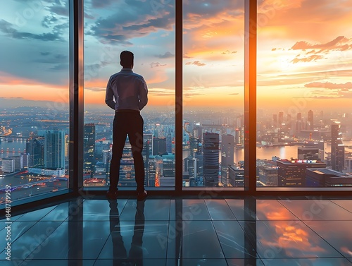 Visionary Business Leader Overlooking Thriving Cityscape from High Rise Office